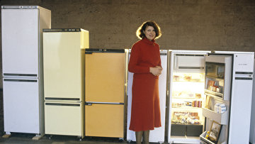 Представитель производственного объединения по выпуску холодильников "Атлант" рядом с образцами продукции