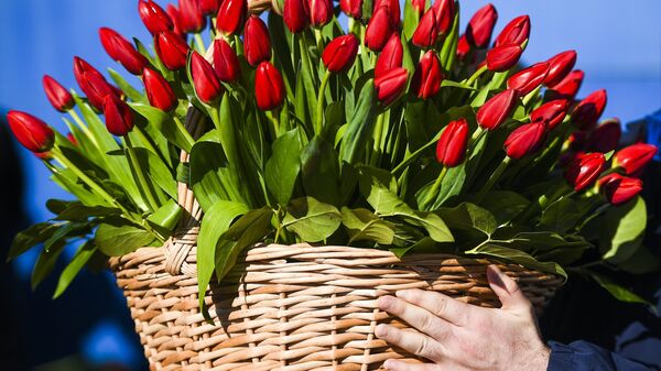 Продажа цветов в Международный женский день на Рижском рынке в Москве. 8 марта 2018