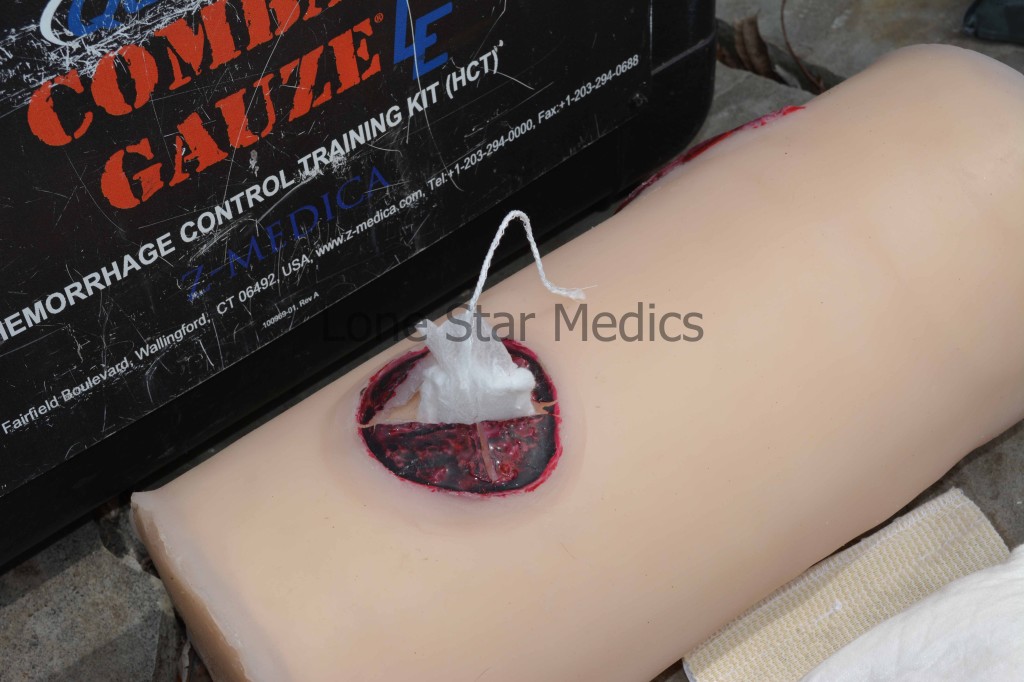 When using a wound packing simulator from QuikClot; it is obvious that a tampon doesn’t come close to filling a ballistic wound cavity. Photo: author