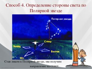 Способ 4. Определение стороны света по Полярной звезде Став лицом к Полярной