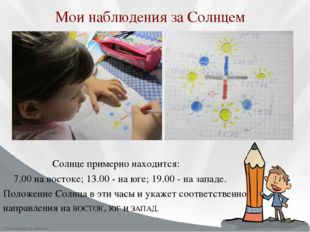 Солнце примерно находится: 7.00 на востоке; 13.00 - на юге; 19.00 - на запад