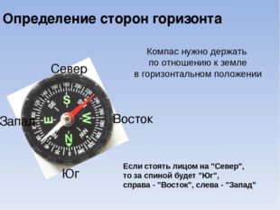 Определение сторон горизонта Компас нужно держать по отношению к земле в гори