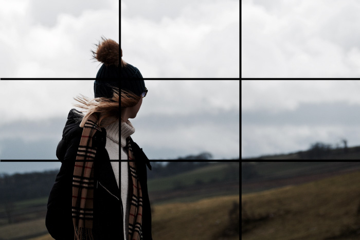A portrait of a female model walking in a countryside area, with the rule of thirds grid overlayed