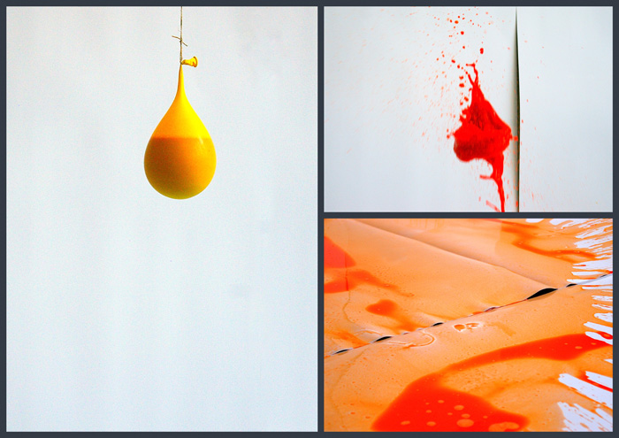 triptych of photographing a popping balloon