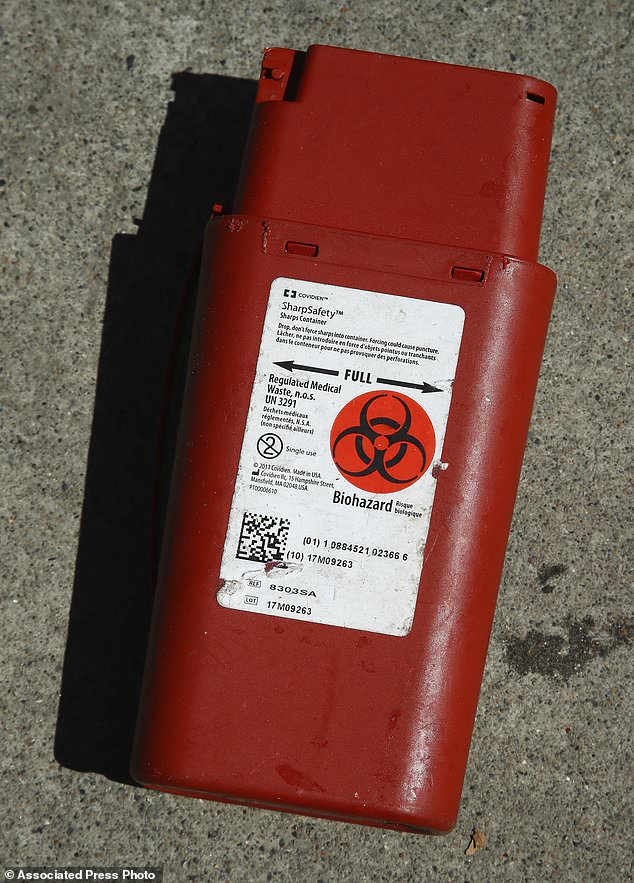A biohazard container used for the storage of used needles sits on a sidewalk in San Francisco on April 26