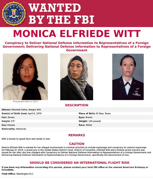 An FBI Wanted poster contains images of Witt wearing a hijab as well as in military uniform