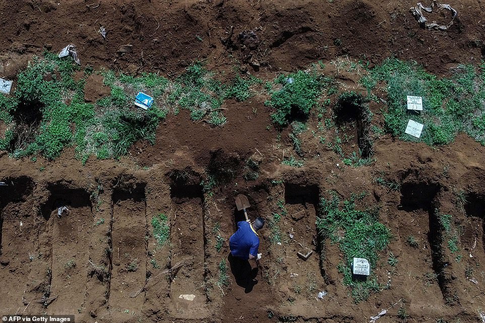 An employee digs a grave at Cemitério de Vila Formosa, the largest cemetery in Brazil and Latin America