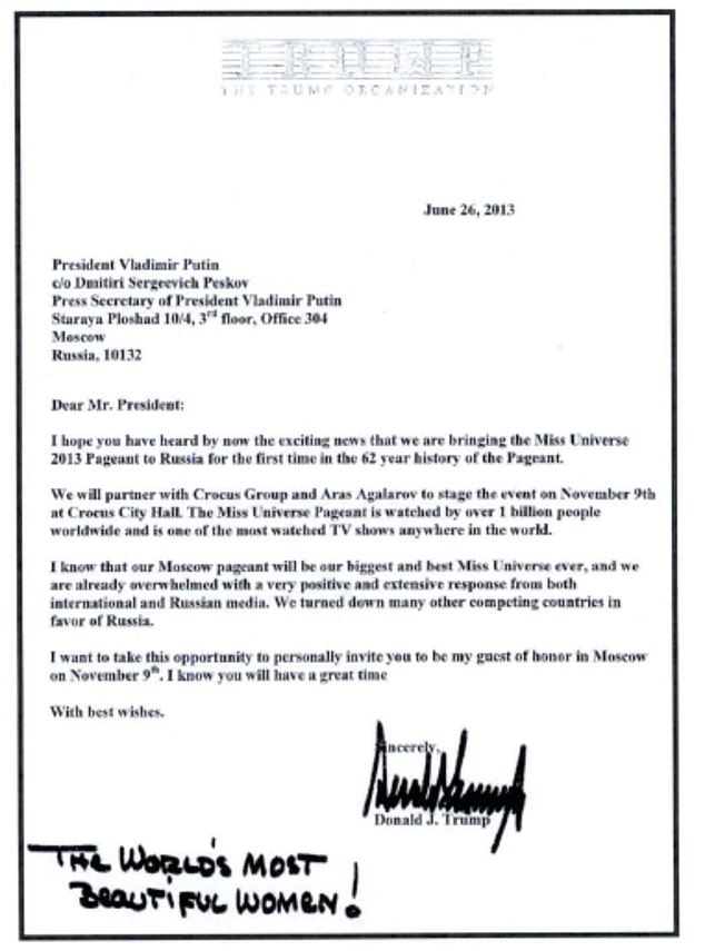 A June 2013 letter from Donald Trump invited Russian President Vladimir Putin to attend the Miss Universe pageant in Moscow. Trump added a message about 