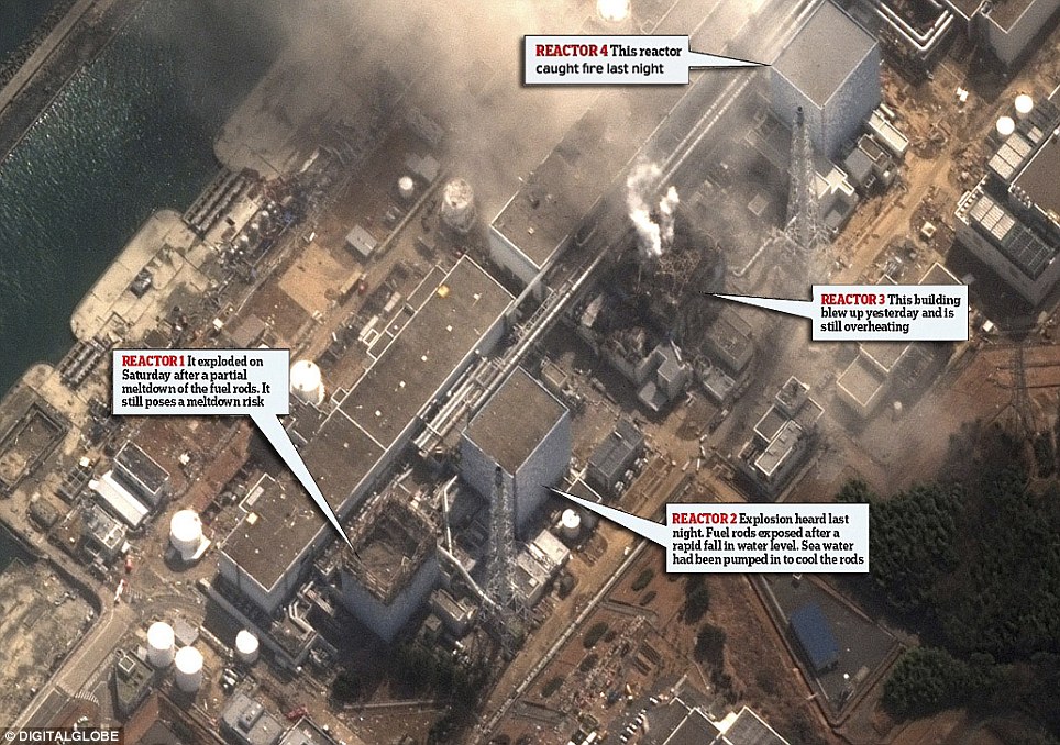 Disaster: A satellite picture shows the remains of four reactors. By last night three of them had been hit by explosions while one had caught fire