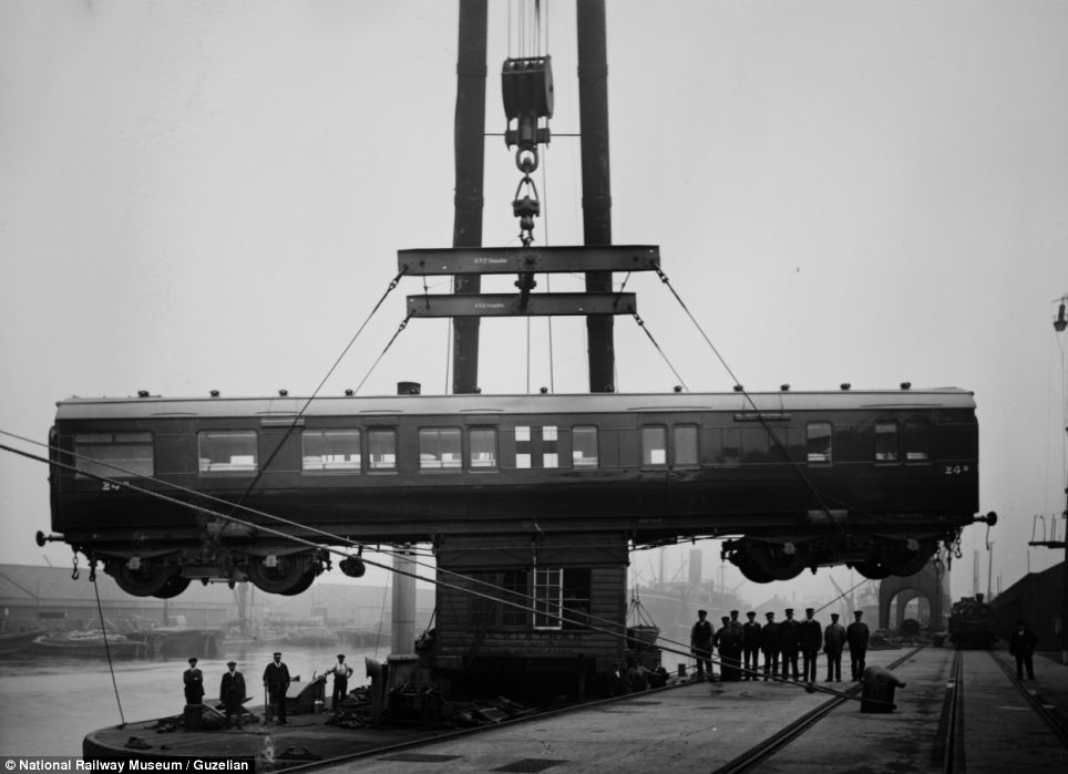 A train in 1915 being loaded at Tilbury docks, on its way to the front. About 30 trains were sent overseas during the conflict