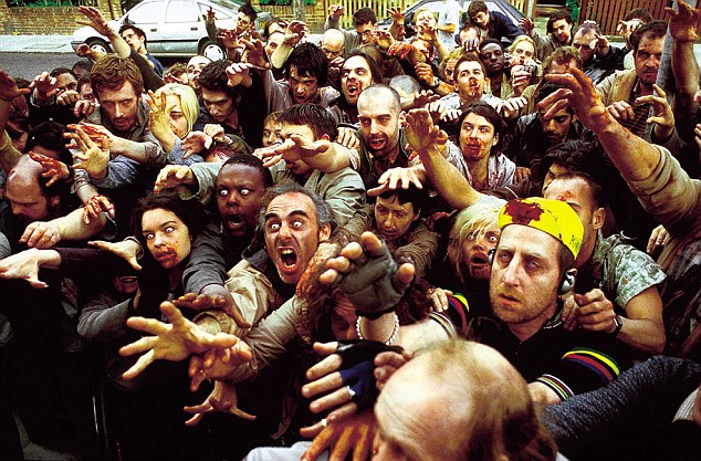 Hungry: Zombie fanatics Timothy Verstynen, of Carnegie Mellon University  and Bradley Voytek, of University of California, San Diego, summarised characteristic zombie behaviour seen in films, including Shaun of the Dead. A screenshot showing hungry, slow-moving zombies is pictured