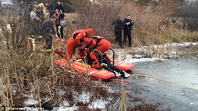 Race against time:  It took Hanover firefighters nine minutes to rescue a 19-year-old boy whole fell through the ice on Forge Pond during a hockey game 