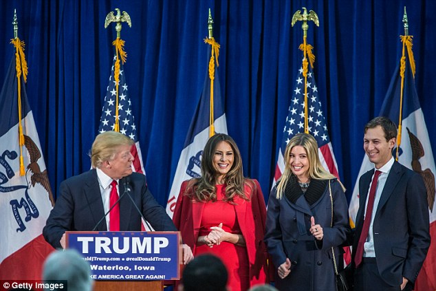 In an apparent effort to address his unpopularity with women, Trump said his wife will be campaigning with him Monday while daughter Ivanka with join him on the campaign trail soon. Pictured from left, Trump with wife Melania, Ivanka and her husband Jared Kusher at an event in February 