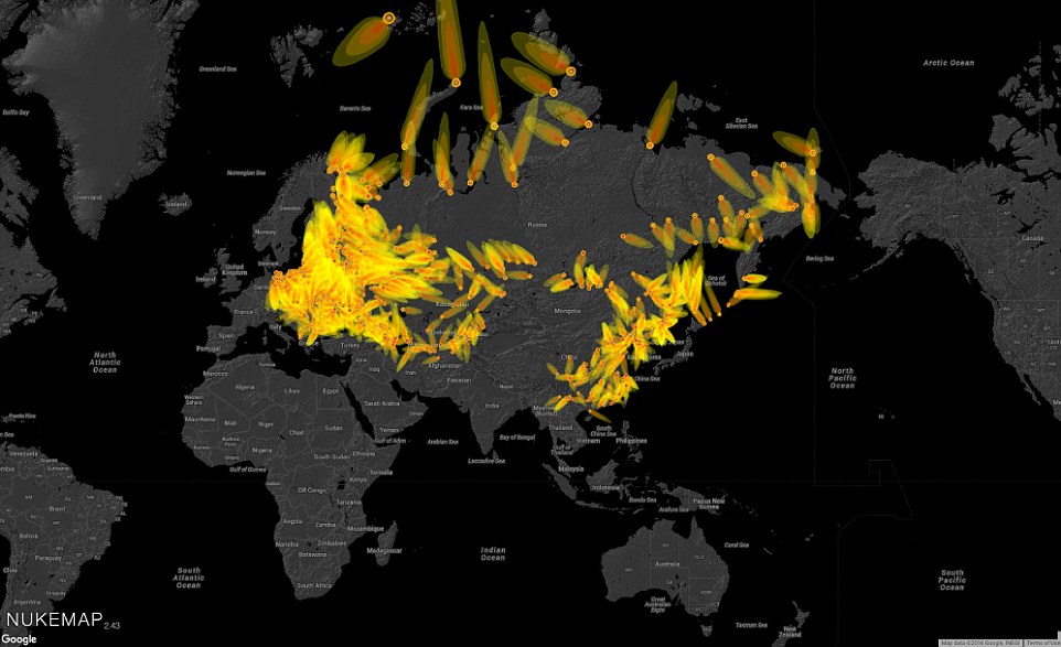 This map drives the point home that unprediatable local weather patterns cause the impact of a nuclear blast to be felt elsewhere. For example, a bomb dropped in Russia affects Kazakhstan in the graphic above.