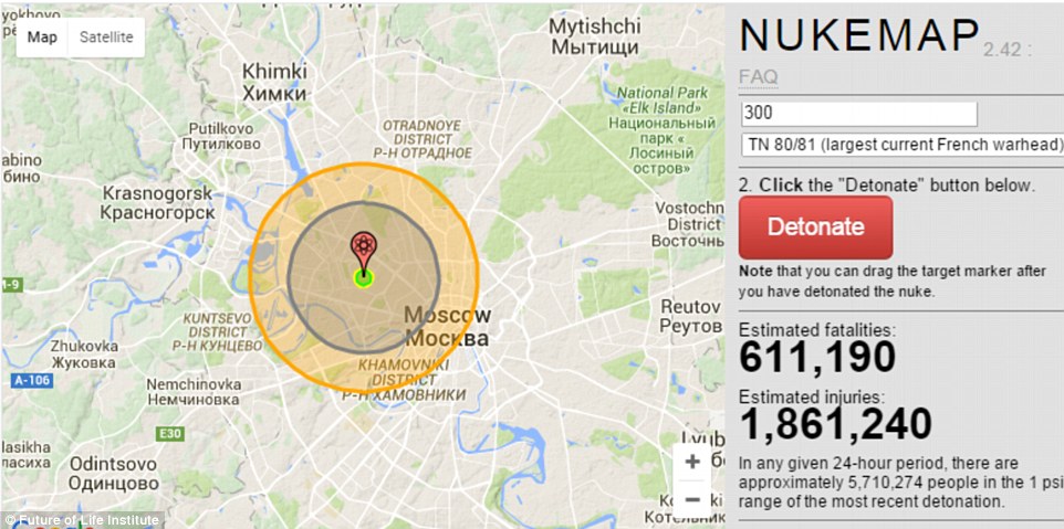 The map uses data from a declassified list of US nuclear targets compiled in 1956 in the midst of the Cold War. This screenshot, showing an imaginary attack on Moscow,  suggests 611,190 people could be killed by a nuclear blast