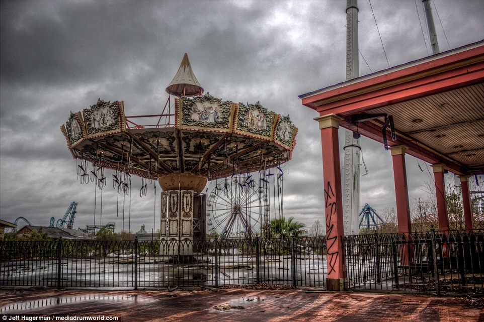 Floodwaters engulfed the rides at Six Flags amusement park in New Orleans, which has been abandoned since 2005