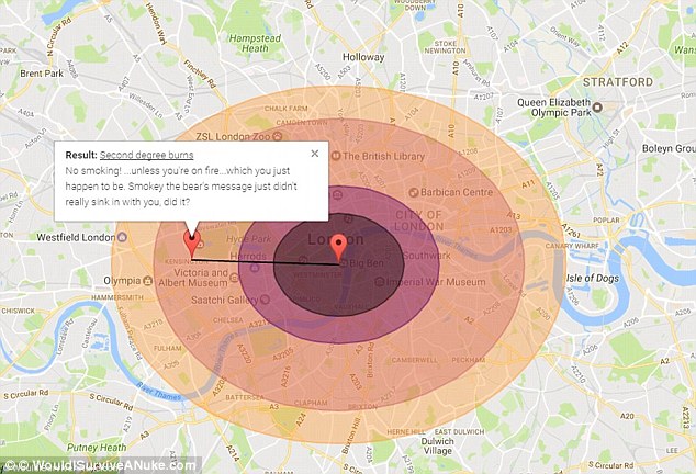 A terrifying interactive map revealed last year lets you see what the terrible effects of nuclear fallout might look it if a similar bomb was to be dropped on your location