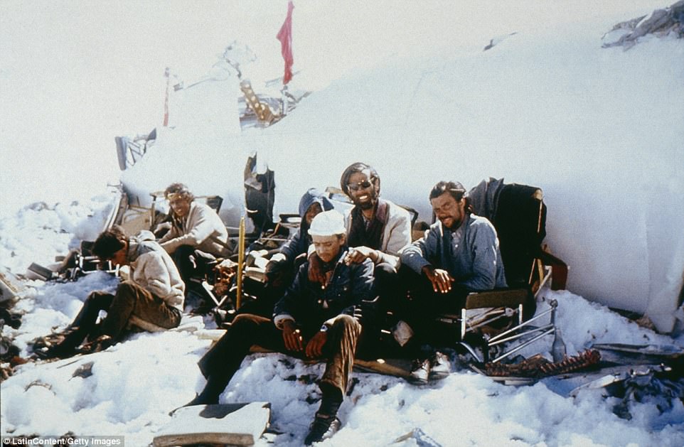 On October 13, 1972, an airplane carrying 45 passengers and crew members crashed in a remote area of the Andes Mountains. Twenty-nine people died and only 16 boys and men survived the 72 days they were stranded in the mountains. A camera was found in some of the wreckage and some of the survivors took pictures, including this one showing Alvaro Mangino, Carlos Paez, Daniel Fernandez, Jose Luis 