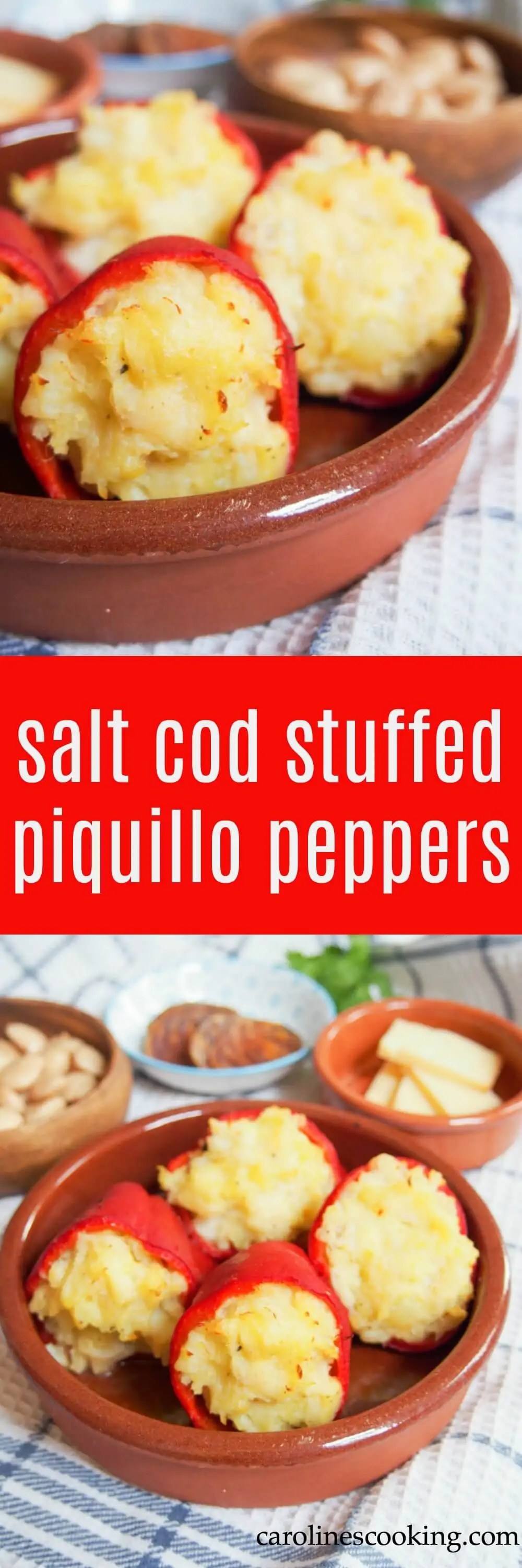 Salt cod stuffed piquillo peppers are comfort food in tapas form - the potato and salt cod filling is smooth and packed with flavor. They make a great appetizer or serve as part of a tapas meal.