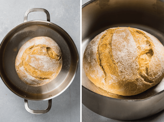 crusty french bread in a stainless steel stockpot
