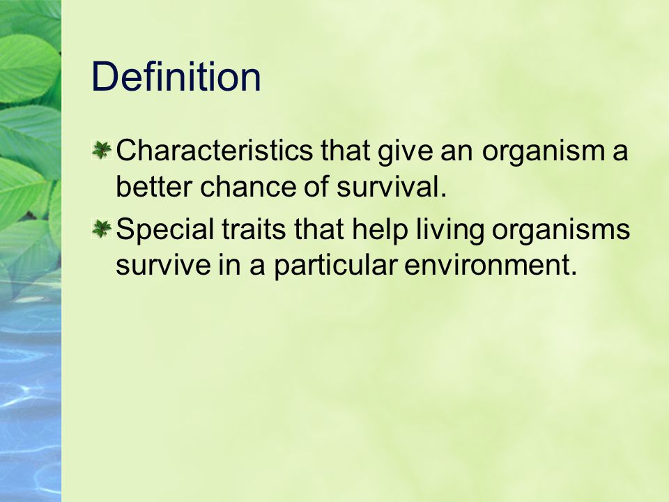 Definition Characteristics that give an organism a better chance of survival.
