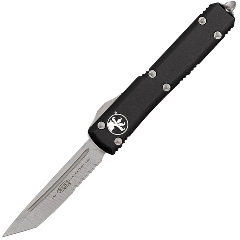 Автоматический выкидной нож Microtech Ultratech Black Combo, сталь ELMAX, черная алюминиевая рукоять, серрейтор