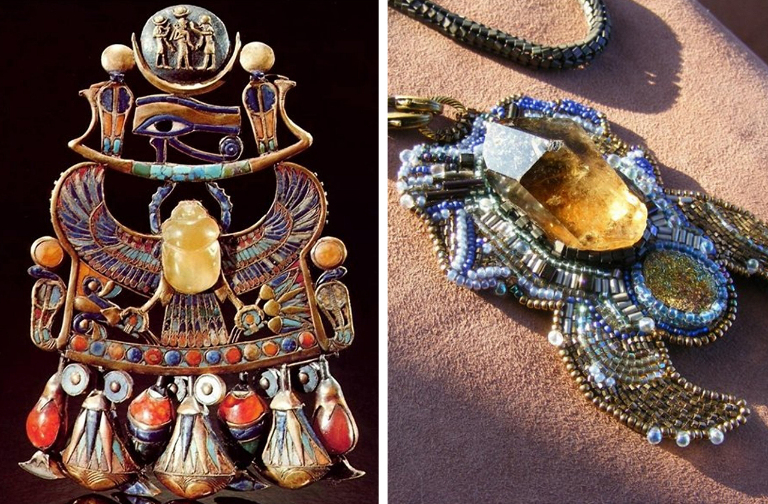 Ожерелье фараона Тутанхамона (слева) / Современная подвеска с ливийским стеклом (справа) 