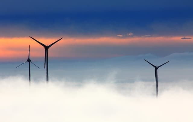 foggy wind turbines