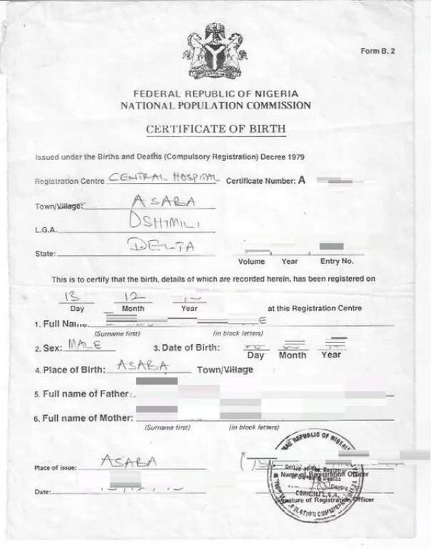 Sample of birth certificate