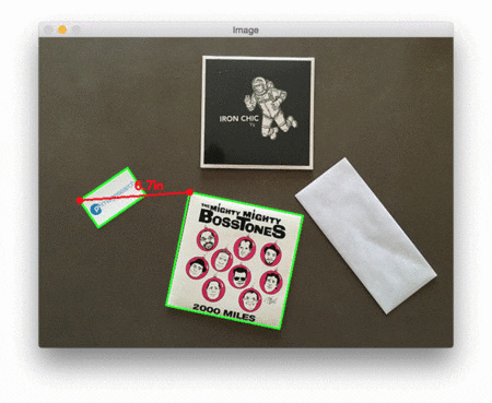 Figure 4: A final example of computing the distance between objects using OpenCV and computer vision.