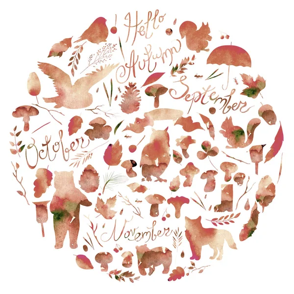 Watercolor illustration, set with the image of leaves, branches, berries, flowers, animals and birds, autumn tg 1elements, bear, squirrels, fox, owl. Watercolor texture of burgundy, brown colors. Royalty Free Stock Photos