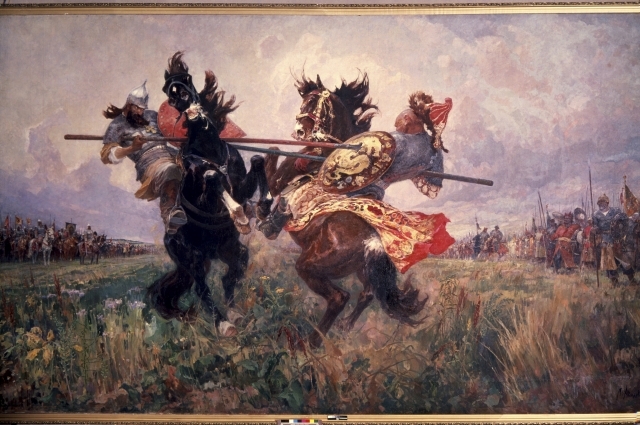«Поединок Пересвета с Челубеем на Куликовом поле», репродукция картины М.А. Авилова, 1943 год