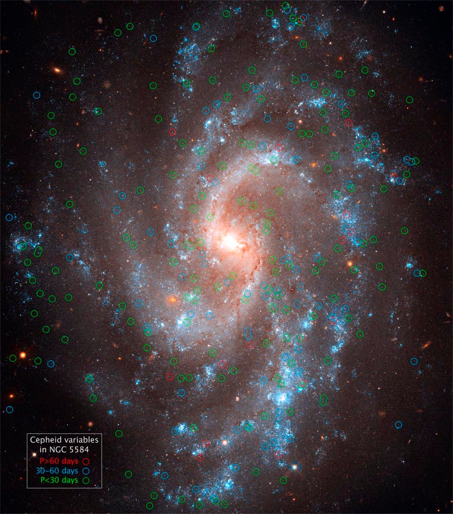 Цефеиды в галактике NGC 5584 (удалённой на 70 миллионов световых лет от Земли)