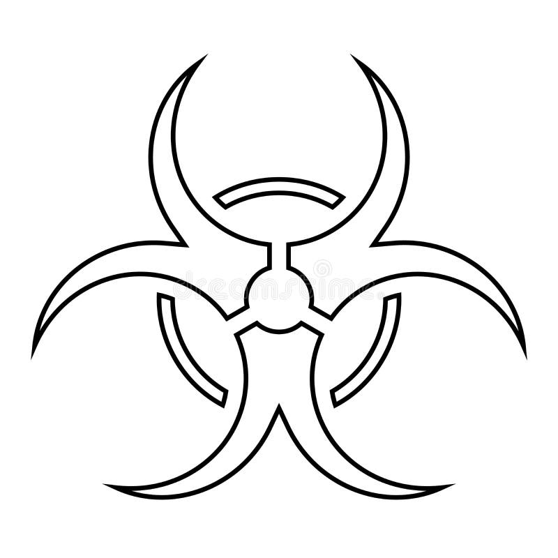 Biohazard caution sign. Symbol of hazard caused by biological microorganism, virus or toxin. Simple flat vector. Illustration in white with black outline stock illustration