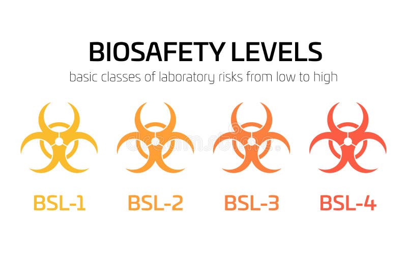 Biosafety level signs from BSL-1 to BSL-4. Simple flat vector biohazard caution signs used in laboratory. Symbol of. Hazard caused by biological microorganism royalty free illustration