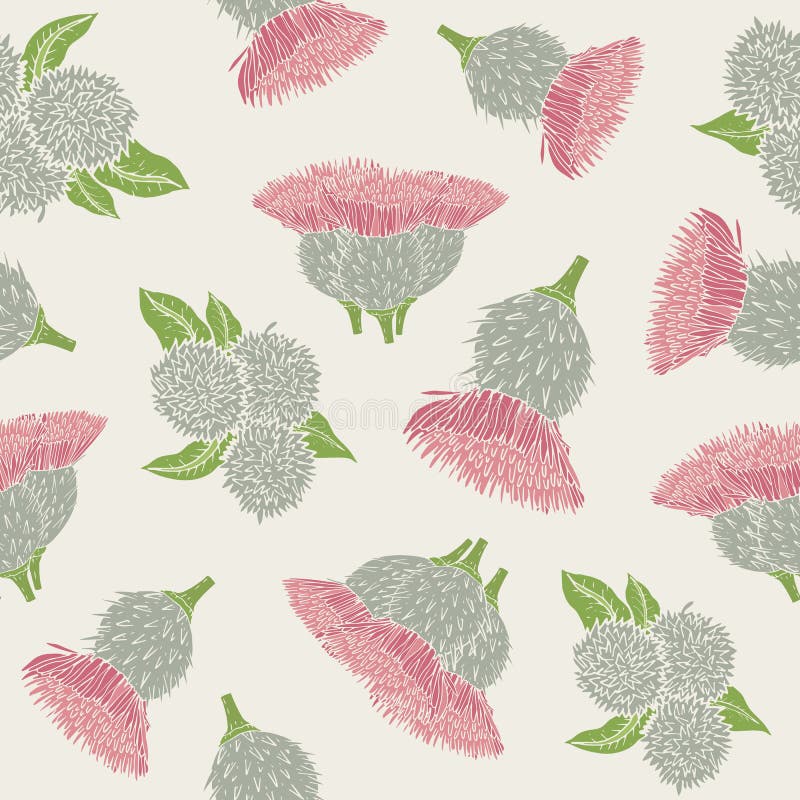 Botanical seamless pattern with burdock prickly heads or burs and leaves. Beautiful inflorescences of wild plant on light background. Natural vector royalty free illustration