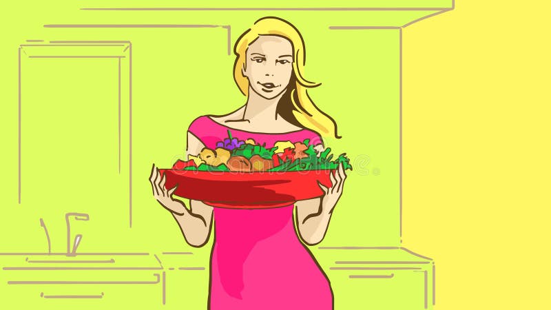Cartoon beautiful girl with big red plate of fresh fruits and greens in the kitchen stock illustration