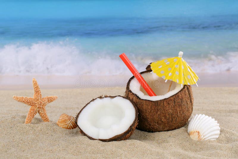 Coconut fruit cocktail drink in summer on the beach and sea royalty free stock photos