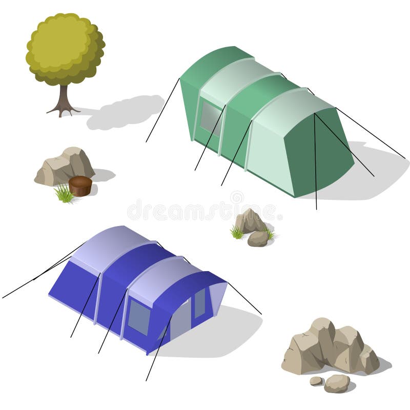 Isometric set of tourist tents. Isometric vector icon set of tourist tents. Flat 3d isometric illustration For infographics and design games royalty free illustration