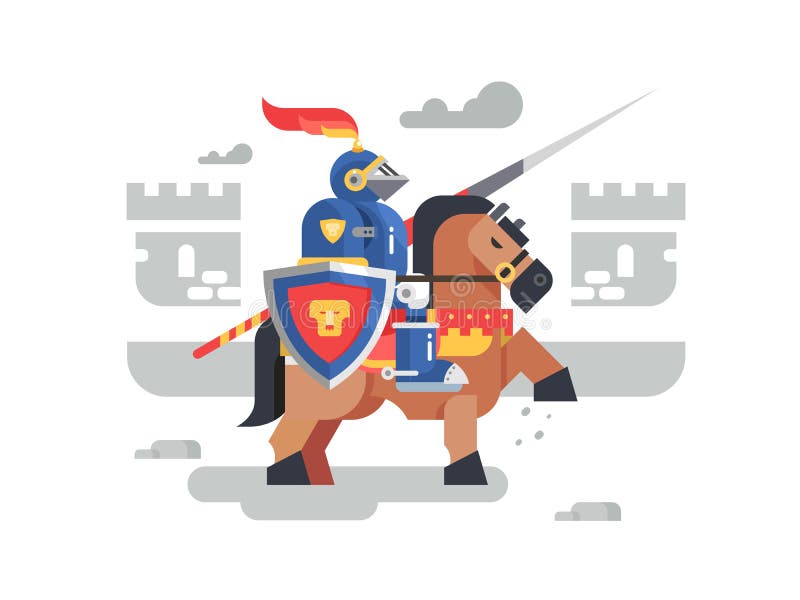 Knight on horseback character. Armor and helmet, medieval warrior, vector illustration stock illustration