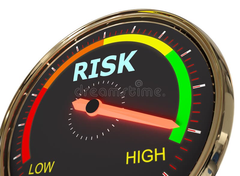 Measuring risk level. Speedometer Measuring risk level on high green , 3d rendered on white background vector illustration