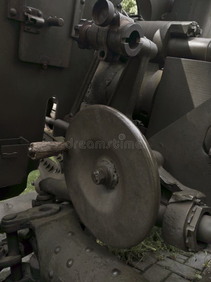 The mechanism of the artillery gun. stock photography