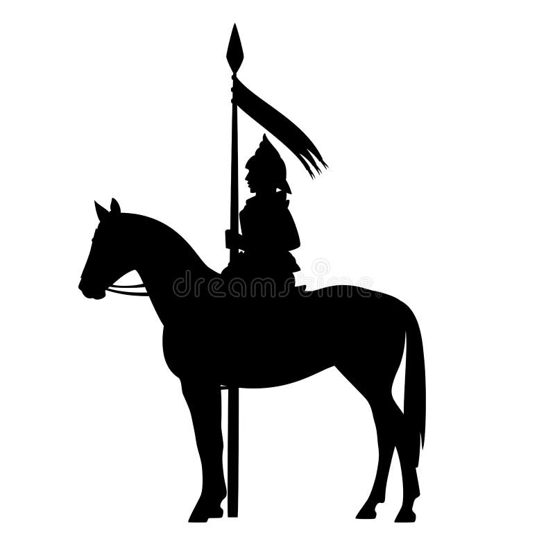 Medieval horseback knight with banner spear black vector silhouette outline. Medieval knight holding banner spear and riding a standing horse - fairy tale hero stock illustration