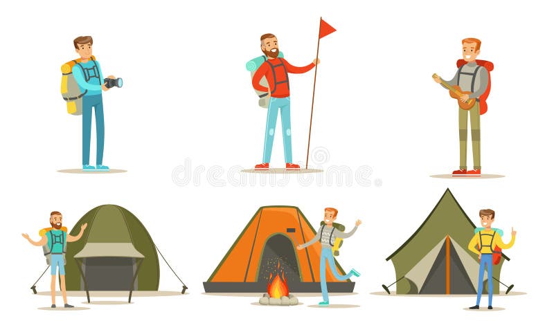 Men Hiking with Backpacks on Vacation Set, Tourist Tents, Backpackers Spending Time at Summer Camp Vector Illustration. On White Background vector illustration