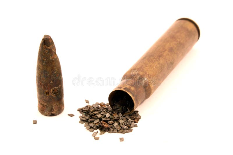 Old sleeve, gunpowder and bullet royalty free stock images