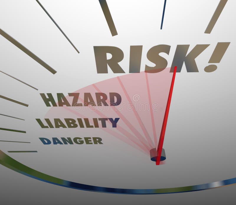 Risk Words Speedometer Measure Liability Danger Hazard Level. Risk, Hazard, Liability and Danger words on a speedometer measuring your level of danger, hazard stock illustration