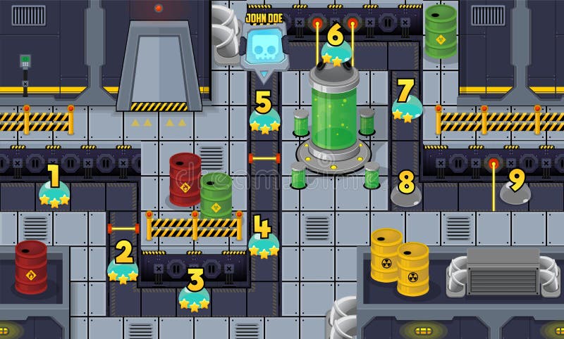 Robot Factory Game Level Map. Illustration of sci-fi robot factory environment for creating level map for adventure or puzzle games vector illustration