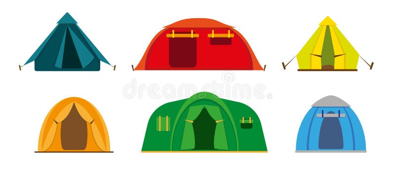 Set of tourist camp tents on white background. Set of tourist camp tents isolated on white background. Hiking and camping tents vector icons illustration stock illustration