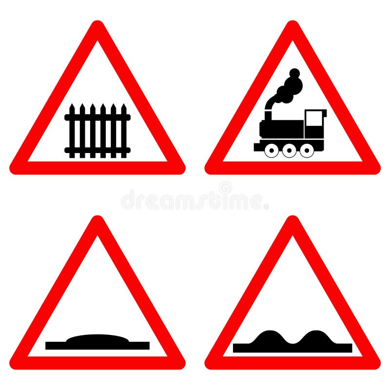 Traffic signs vector set on white background, railway level crossing ahead, speed hump, rough road symbols in red. Triangle. Vector illustration stock illustration