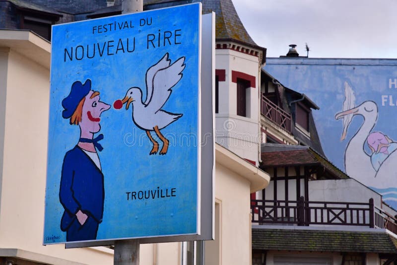 Trouville sur Mer, France - september 27 2019 : seaside. Trouville sur Mer, France - september 27 2019 : Savignac painting on hotel Flaubert stock photography